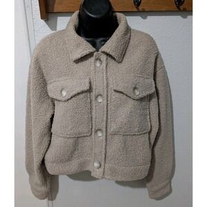 Abercrombie & Fitch Sherpa Trucker Jacket Cropped Small Beige Teddy Button Front